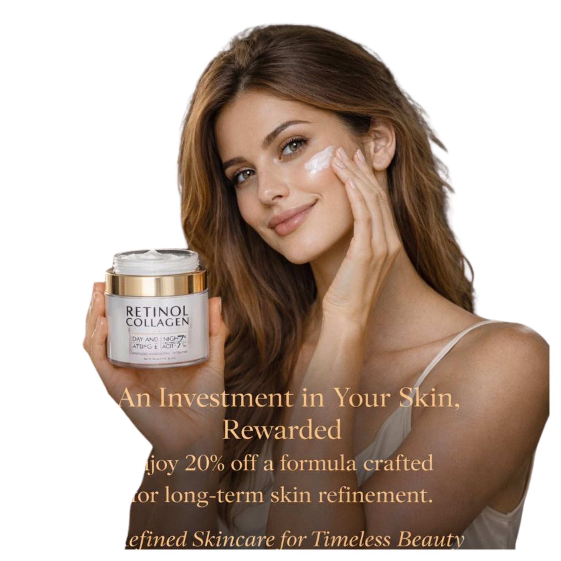 Woman applying retinol anti-aging face cream with collagen for deep hydration and wrinkle care.