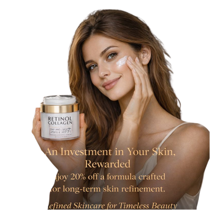 Woman applying retinol anti-aging face cream with collagen for deep hydration and wrinkle care.