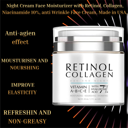 Retinol Anti-Aging Face Cream for night use, featuring collagen and hyaluronic acid for deep hydration and wrinkle care.