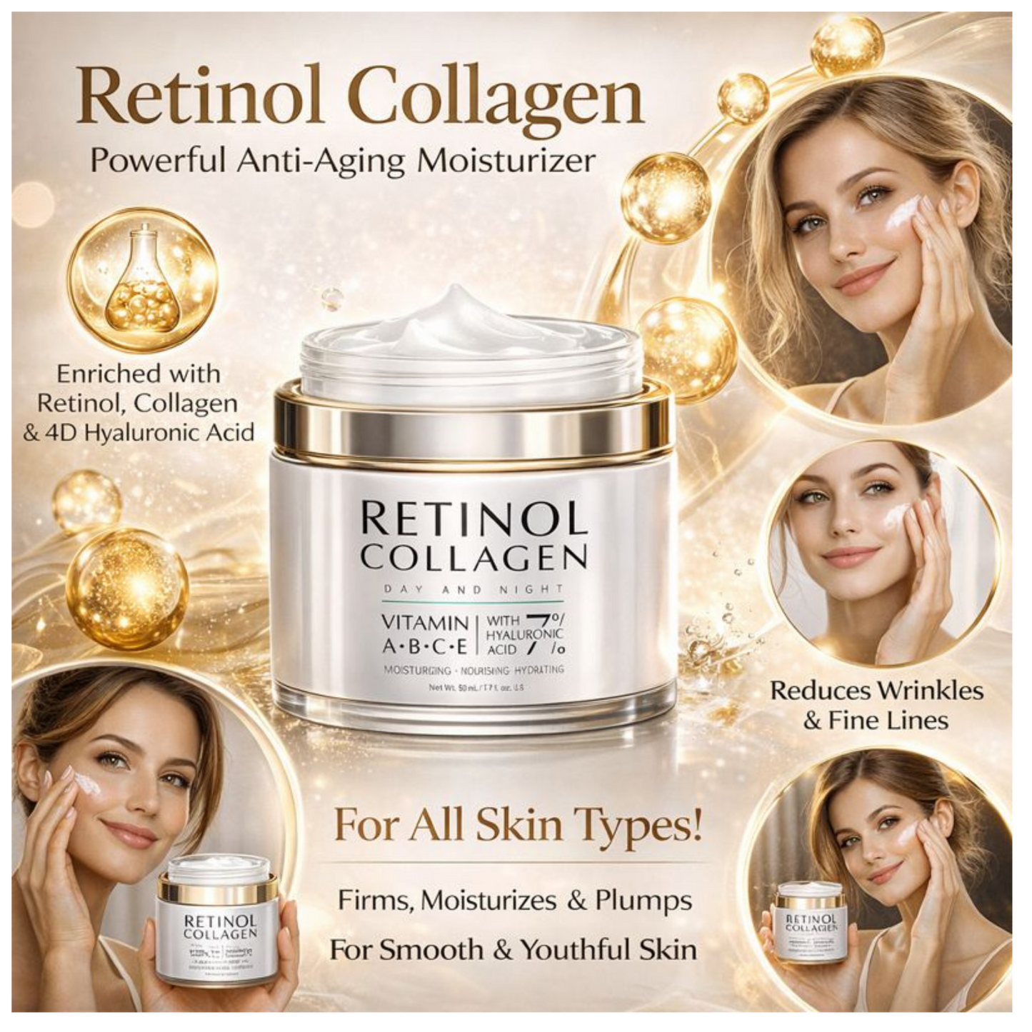 Retinol Anti-Aging Face Cream jar with model, enriched with retinol and hyaluronic acid for deep hydration and wrinkle care.