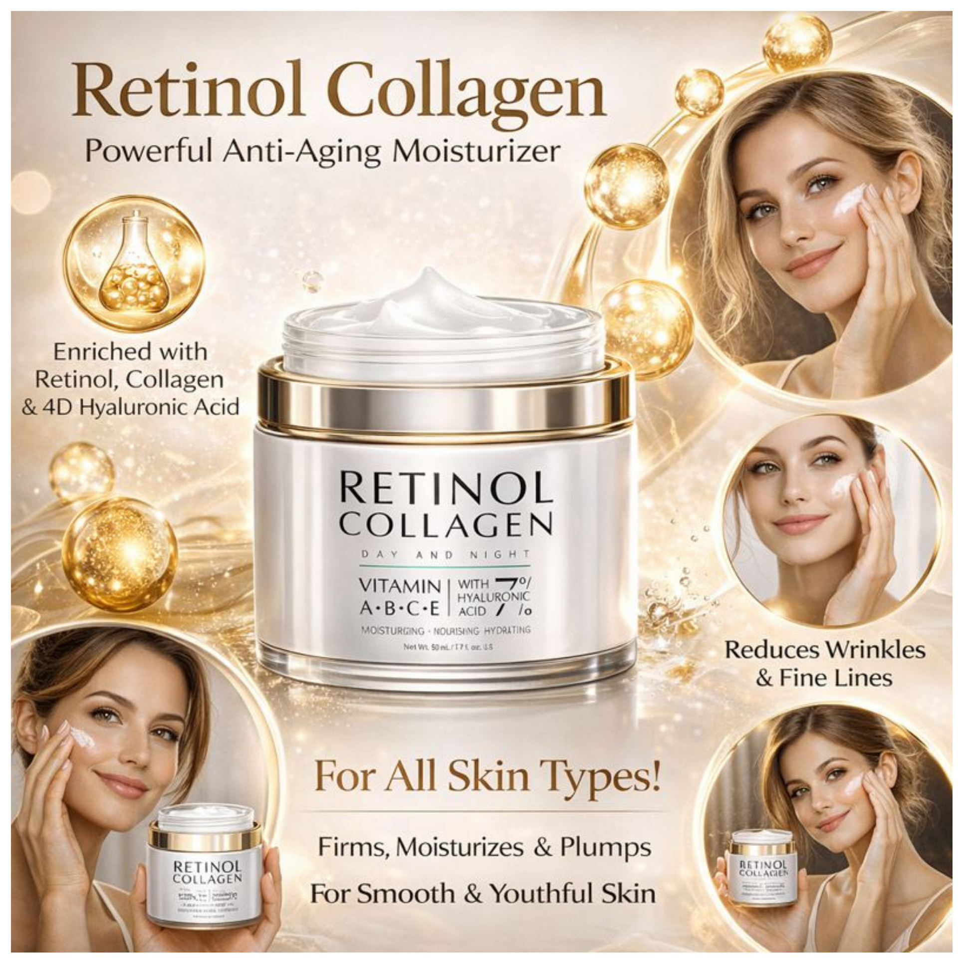 Retinol Anti-Aging Face Cream jar with model, enriched with retinol and hyaluronic acid for deep hydration and wrinkle care.
