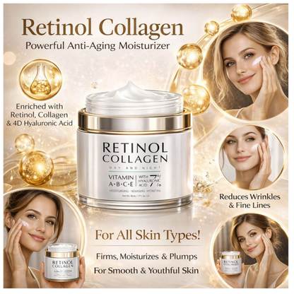 Retinol Anti-Aging Face Cream jar with model, enriched with retinol and hyaluronic acid for deep hydration and wrinkle care.