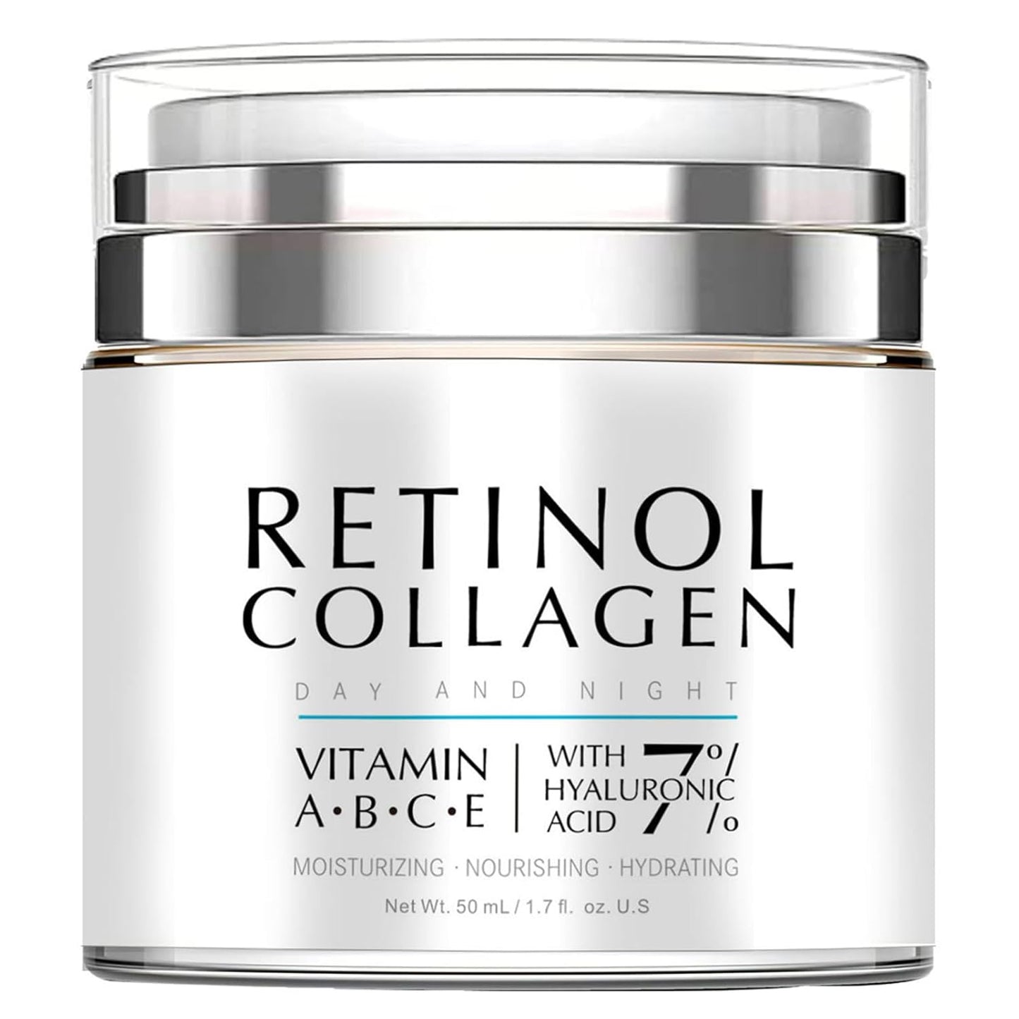 Retinol Anti-Aging Face Cream with collagen, hyaluronic acid, and vitamins A, B, C, E for deep hydration and wrinkle care.