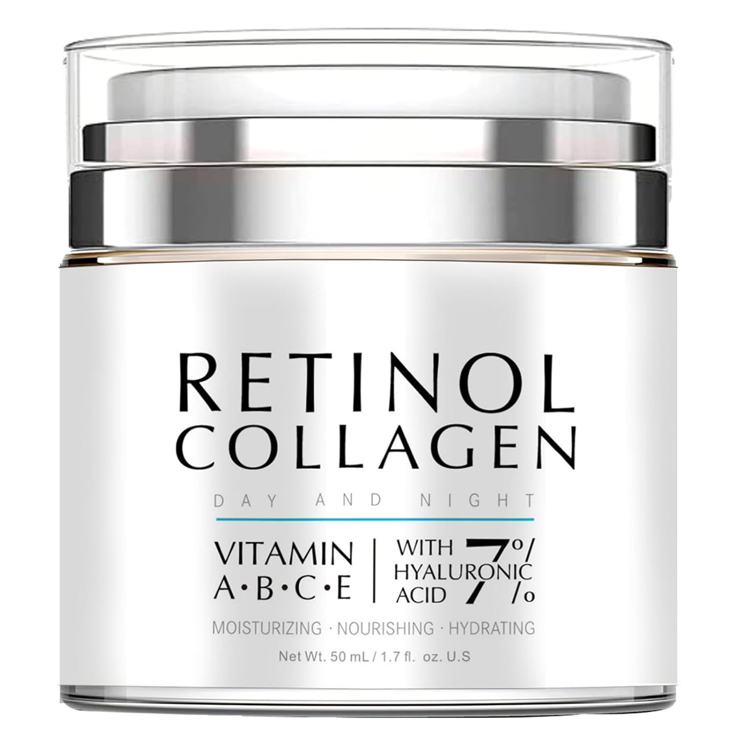 Retinol Anti-Aging Face Cream with collagen, hyaluronic acid, and vitamins A, B, C, E for deep hydration and wrinkle care.