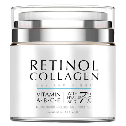 Retinol Anti-Aging Face Cream with collagen, hyaluronic acid, and vitamins A, B, C, E for deep hydration and wrinkle care.